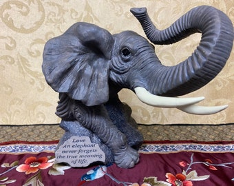 Herco Elephant Bust Figurine Statuette with Raised Trunk and Inspirational Quote