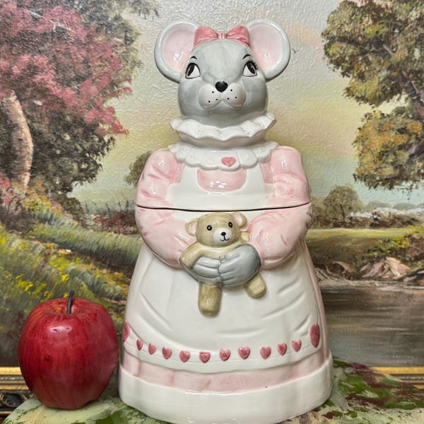 Pot à biscuits Souris tenant un ours en peluche House of LLoyd 1990