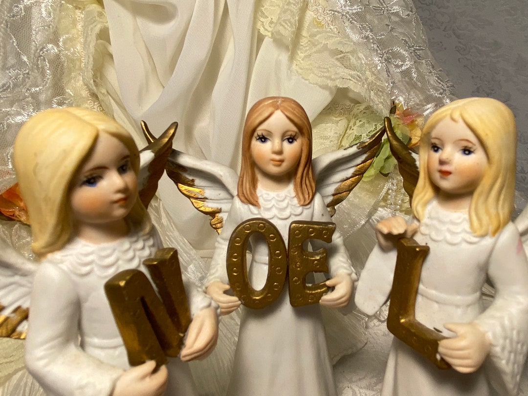 Ange Ornement De Noël Enfant En Porcelaine Bisque Blanche Avec Accordéon - 4,75 Pouces - Fait Main