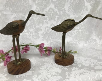 Vintage Brass and Wood Crane / Stork / Heron Figurines Made in India