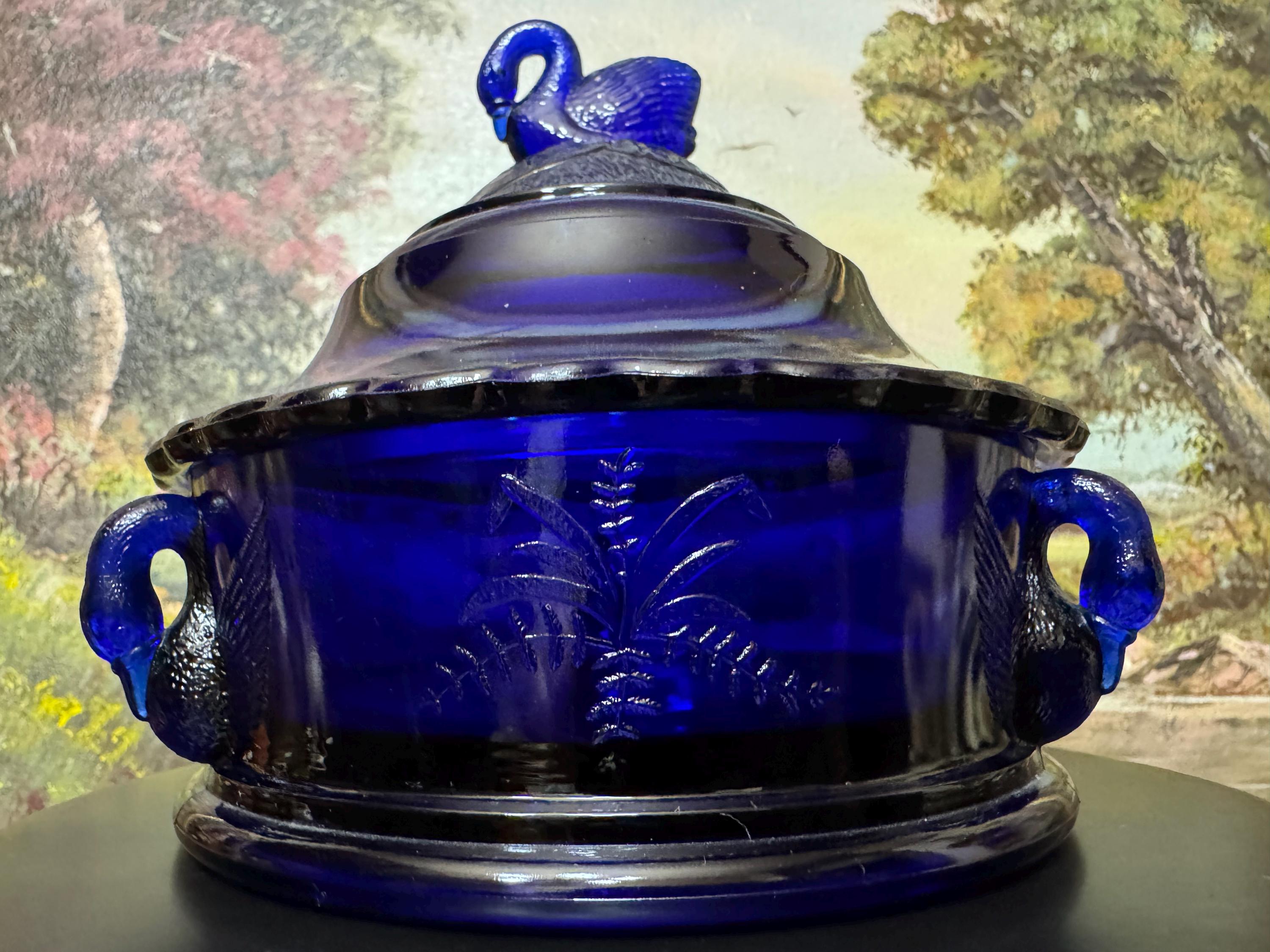 Westmoreland Cobalt Blue Swan Lidded and Handled Trinket or Candy