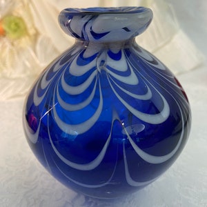 Hand Blown Cobalt Blue Bud Vase with White Swag Design