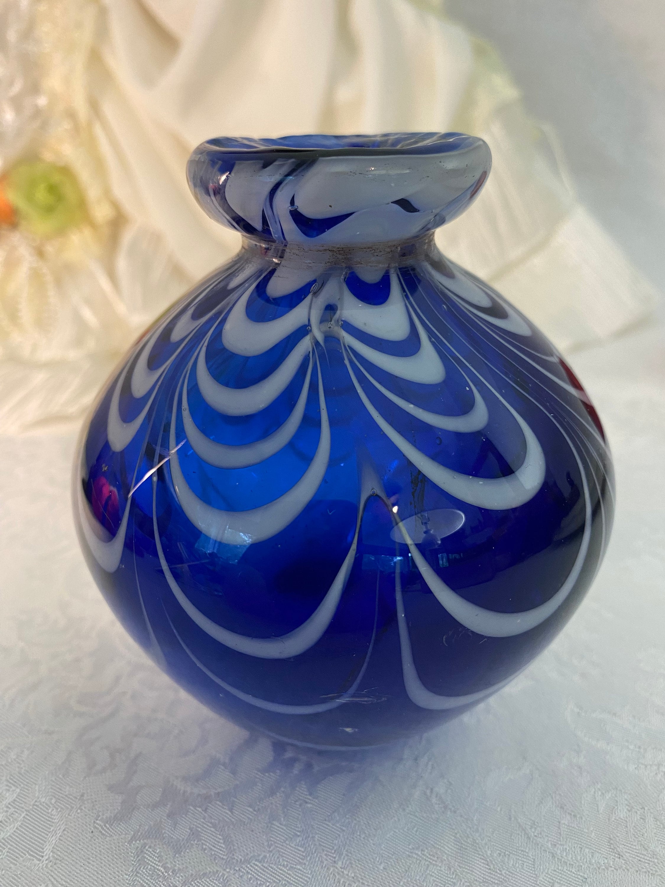 Hand Blown Cobalt Blue Bud Vase with White Swag Design