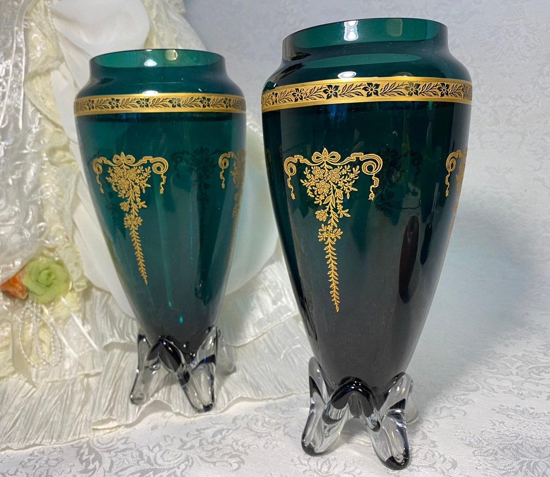 Pair of Tiffin Vases Killarney Green With Melrose Pattern Etsy