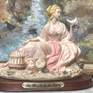 Young Victorian Woman Holding a Bird Porcelain Figurine on Wood Base
