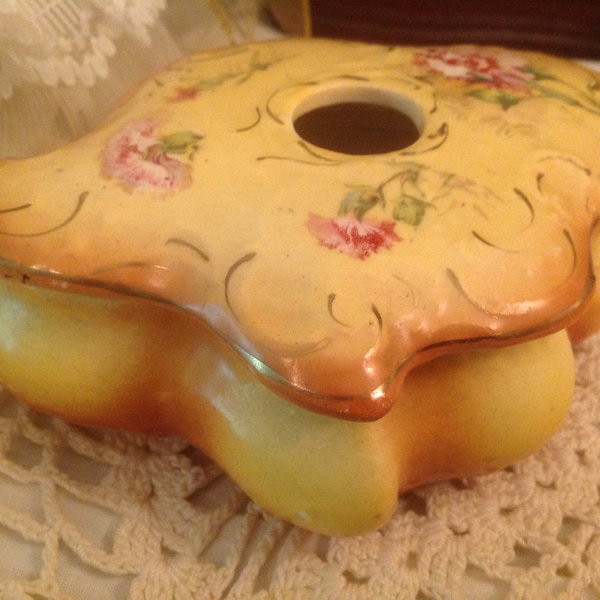 Antique Porcelain Hair Receiver Covered  Vanity Bowl Trinket Dish