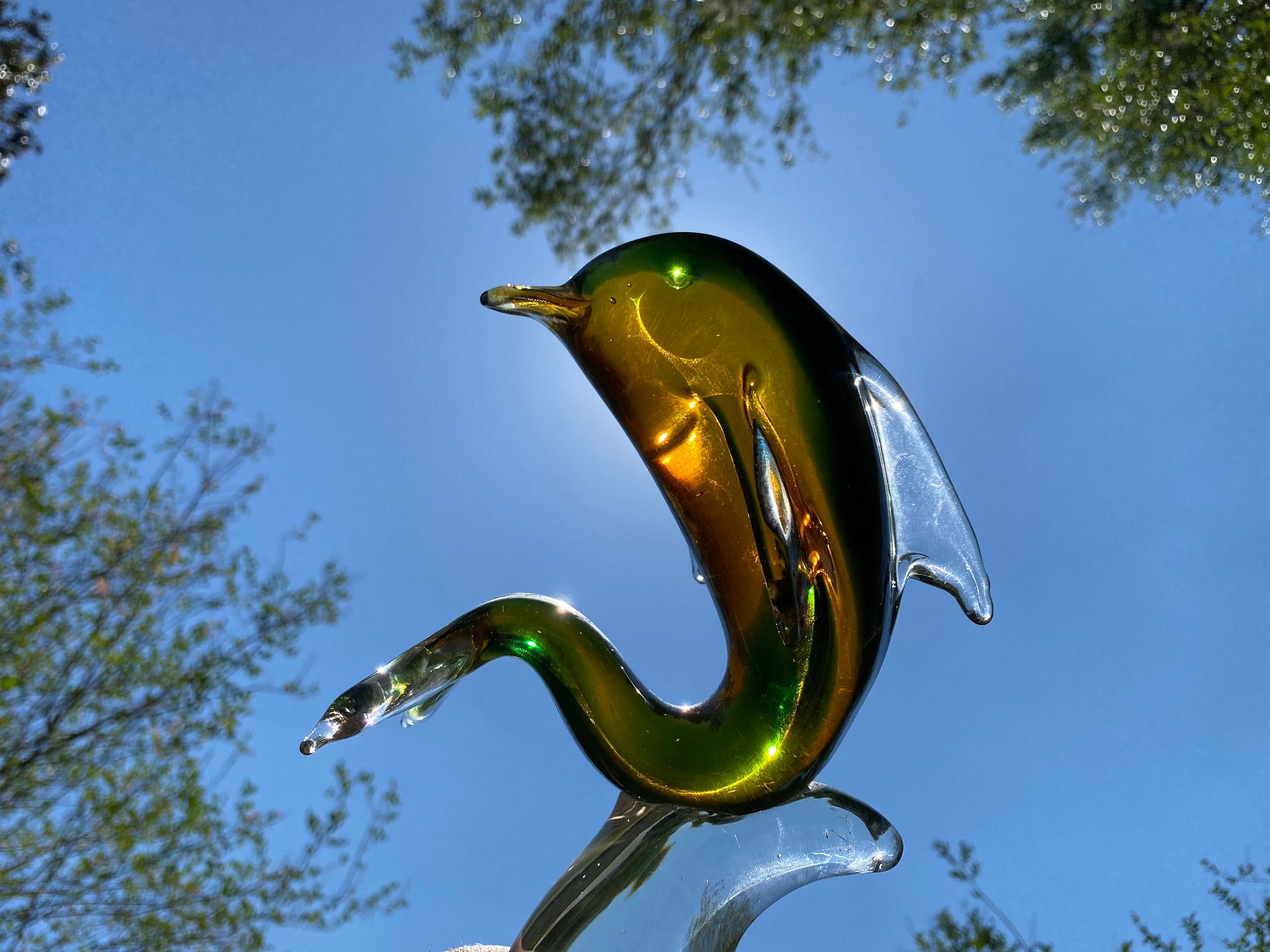 Vinci Amber and Green Art Glass Dolphin on Clear Crystal Glass