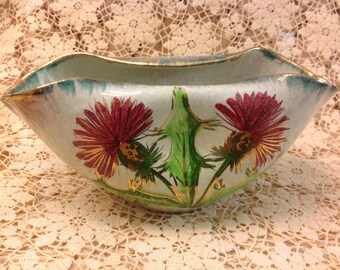 Vintage Italian Redware Bowl Folded and Pinched with Floral Design and Gold Trim