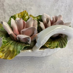Vintage Novi Swan Figurine with Applied Pink Roses Made in Italy