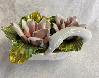 Vintage Novi Swan Figurine with Applied Pink Roses Made in Italy