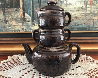 Stackable Teapot with Sugar and Creamer Brown with Relief Design Nasco Japan
