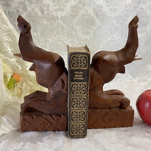 Carved Wood Elephant Bookends