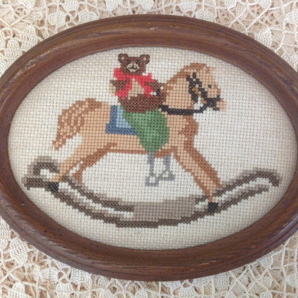 Vintage Nursery Cross Stitch Embroidery Teddy Bear On Rocking Horse