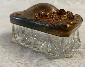 Small Jewelry Casket with Glass Crystal Box and Metal Lid with Raised Floral Design