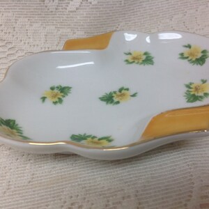 Vintage Ashtray, Yellow Flower Floral Pattern, Gold Trim, Made in Japan