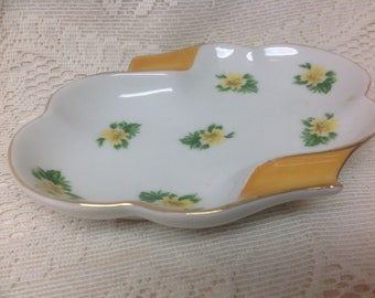 Vintage Ashtray, Yellow Flower Floral Pattern, Gold Trim, Made in Japan