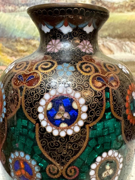 Antique Cloisonne Vase Meiji Period Enamel over Brass 4.75"