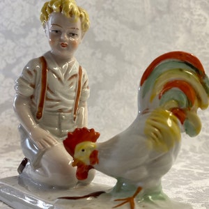 Wagner and Apel Porcelain Figurine of a Boy and Rooster Made in GDR East Germany