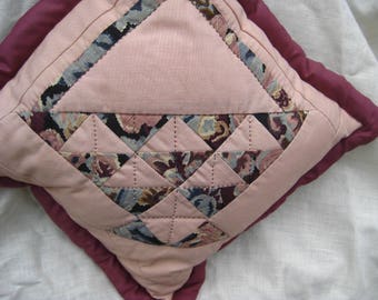 Vintage Pillow, Hand Quilted, Hand made,  Brand New, Maroon & Pink  Basket Quilt Pillow