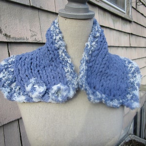 Knitted blue scarf, cowl style, buttons up, multi-colored blues and whites, hand knitted