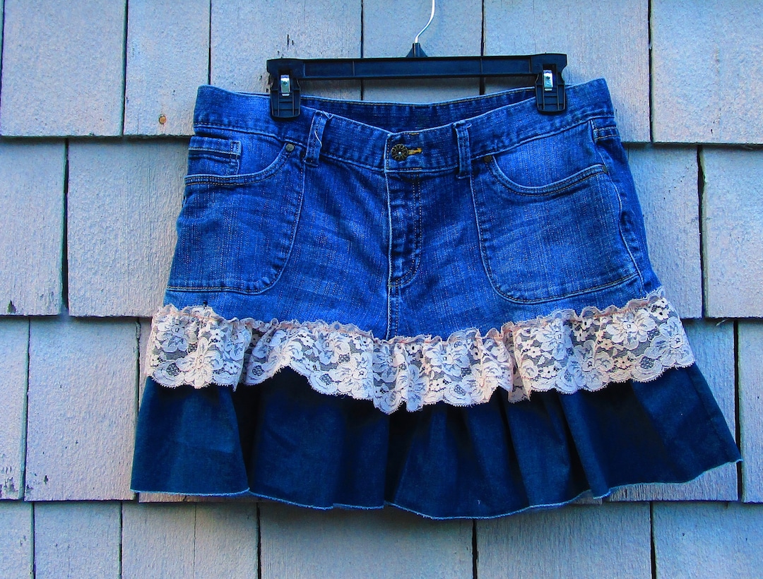 Repurposed Denim Skirt Denim Lace Skirt Short Denim Skirt - Etsy