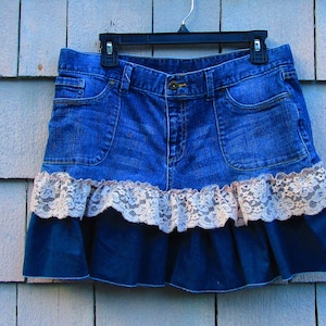 Arizona 7 Denim and Lace Skirt Upcycled Jean Skirt