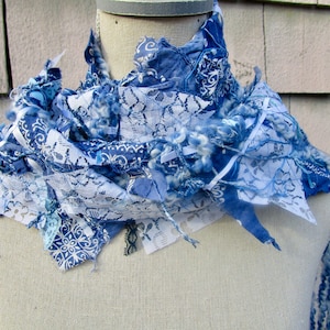 Scarf, Upcycled Art Scarf, Repurposed blue bandana scarf, lace scarf, scraps scarf, art to wear, Unique, Patchwork