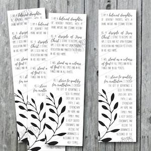Peut inclure: Trois designs de signets noirs et blancs avec un motif floral et un texte qui dit "Je suis une fille bien-aimée de Parents célestes, avec une nature divine et une destinée éternelle."  "En tant que disciple de Jésus-Christ, je m'efforce de devenir comme Lui. Je cherche et agis sur la révélation personnelle et je sers les autres en Son Saint Nom."  "Je serai un témoin de Dieu en tout temps et en tout lieu. En m'efforçant de me qualifier pour l'exaltation, je chéris le don du repentir et je cherche à m'améliorer chaque jour, avec foi, je renforcerai mon foyer et ma famille, je ferai et je respecterai les alliances sacrées, et je recevrai les ordonnances et les bénédictions du Saint Temple."