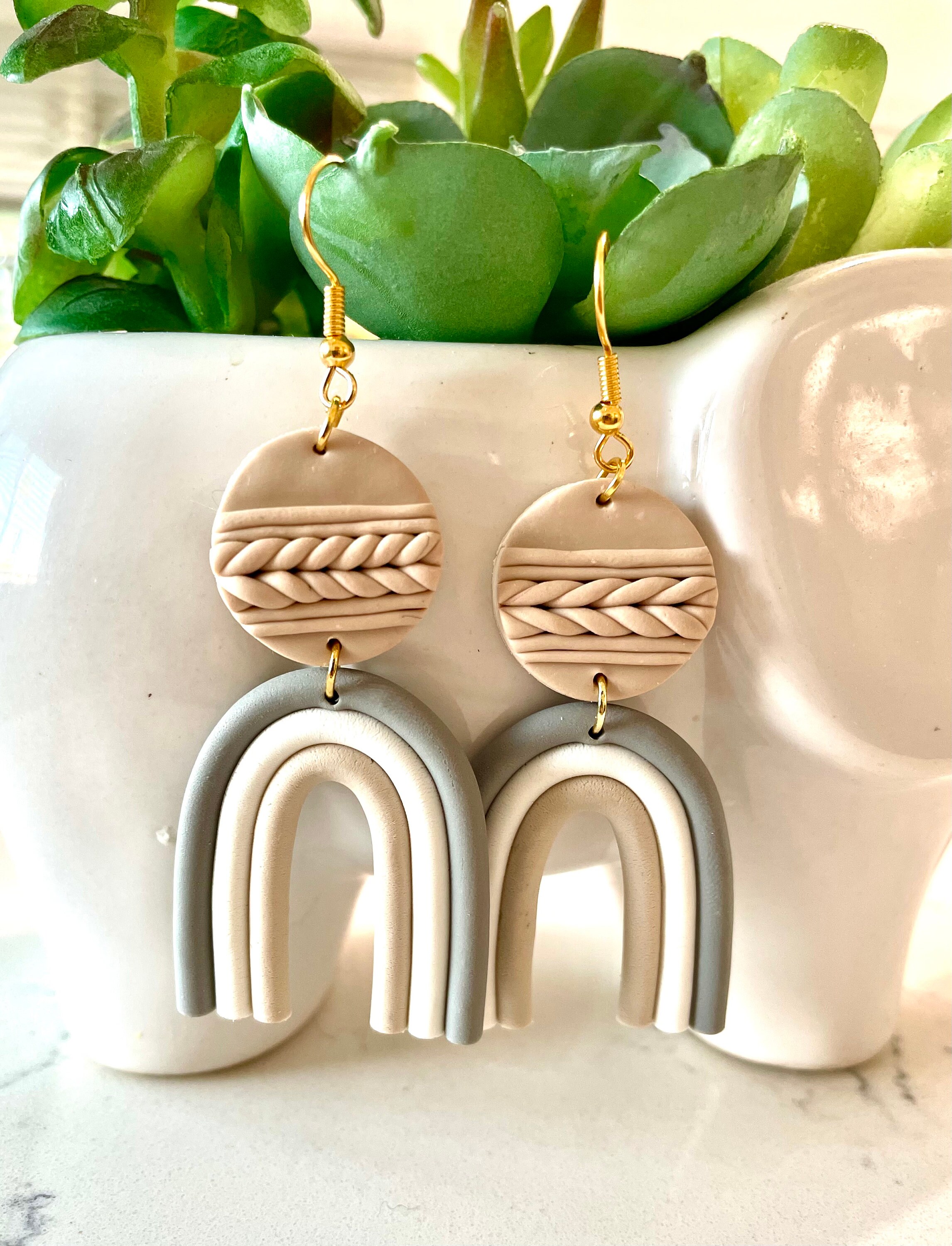 Neutral Boho Braided Rainbow Earrings - Clay / Handmade