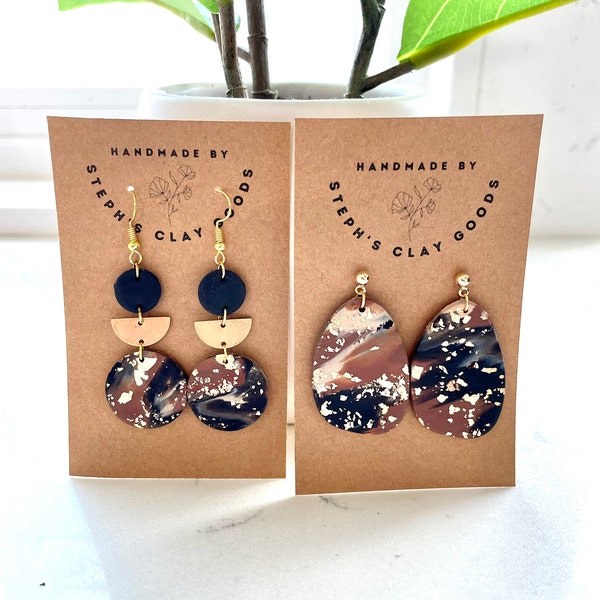 Midnight Marble - Handmade Clay Earrings with Gold Speckles / Flakes