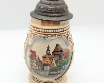 Vintage German Small Beer Stein with Pewter Lid - Rothenburg Scenes, Made in Germany