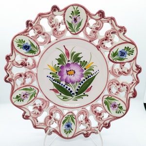 PORTUGAL Vintage RCCL Portugal Plate with Pink Cutout Scroll Work Rim. Hand Painted flowers and Rim