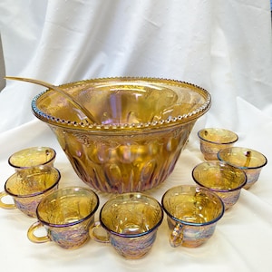 Vintage Amber Indiana Carnival Glass Punch Bowl with 8 Glasses