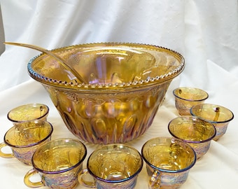 Vintage Amber Indiana Carnival Glass Punch Bowl with 8 Glasses