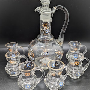 Antique Hand Painted Liqueur Set - Decanter and 6 glasses - as Stated