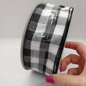 2.5&quot; Wired Ribbon - White and Black Country Check - 75 Feet
