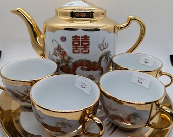 Dragon and Phoenix Teapot Teacups and Tray, Tea Set for 4, Chinese