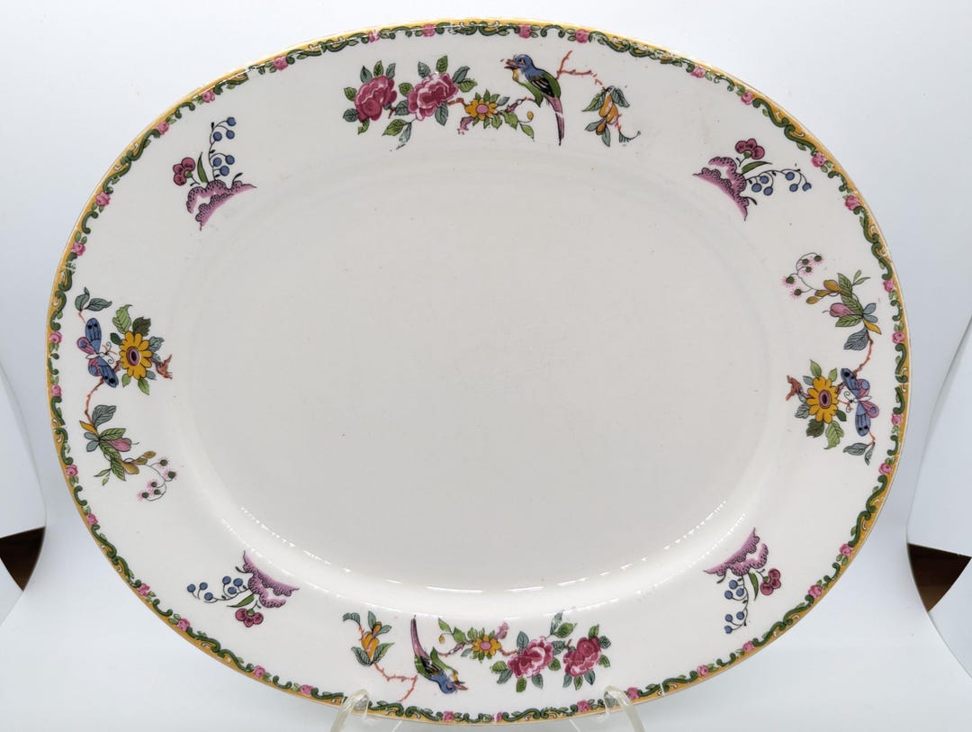 Antique Grafton Oval Serving Plate With Birds and Floral Border