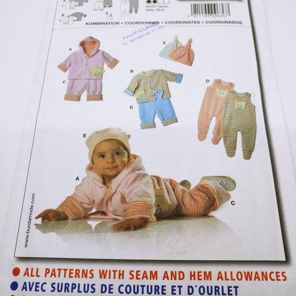 Burda 9636 Size 1M-12M Sewing Pattern for Baby Coordinates - Pants,  Jackets with or without Hood, hat and Footed Rompers UNCUT