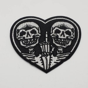 Sew On / Iron On Black and White Heart with Skulls Patch
