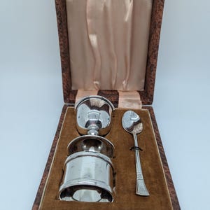 Vintage boxed Silver Plated Christening Set - EPNS napkin ring, egg cup and spoon