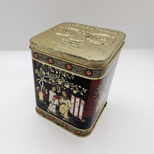 Tea Tin Vintage, 70s Tea Tin, Asian Art Tin - Litho Tins, Gold Red Black Murchies Vintage Tea Tin, collectable Storage Tin