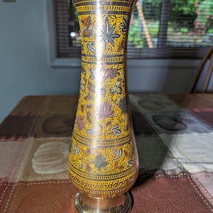Vintage Large Brass Engraved Vase with Enameled Accents