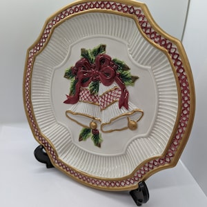Vintage Fitz and Floyd Ceramic Holiday Plate, Christmas Bells Display Plate with Wall Hanger