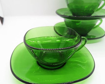VERECO espresso cups Green glass tea cups saucers, French tea cups Vintage glass espresso cup set of 2, Retro espresso cups Emerald Green