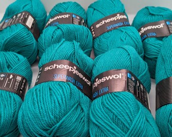 Vintage Lot of Scheepjes Super Wash Extra 100% Wool Yarn - Teal Green 8 Skeins