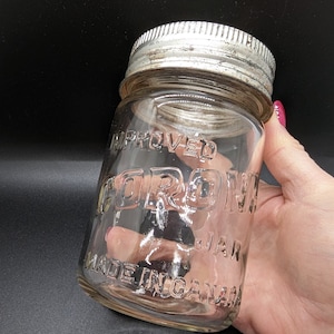 Antique 1940 CROWN 12 oz 12 Ounce Glass Mason Jar w/ Zinc Lid Made In  Canada A75