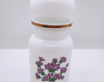 1970&#39;s White Milkglass Bottle - Purple Flowers - Made in Belgium - Apothecary jar