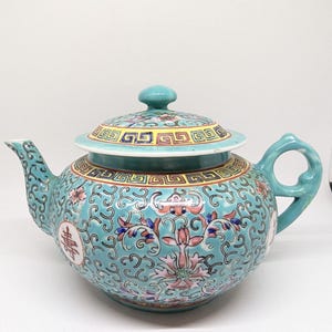 Vintage Mun Shou Longevity Blue Teapot, Famille Rose, Hand Painted