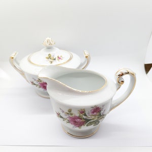 Vintage Großes Milchkännchen und abgedeckte Zuckerdose mit rosa Rosen - Made in Japan #afternoontea